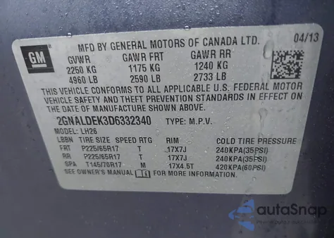 2013 Chevrolet Equinox 1Lt z USA, uszkodzony, nr VIN 2GNALDEK3D6332340